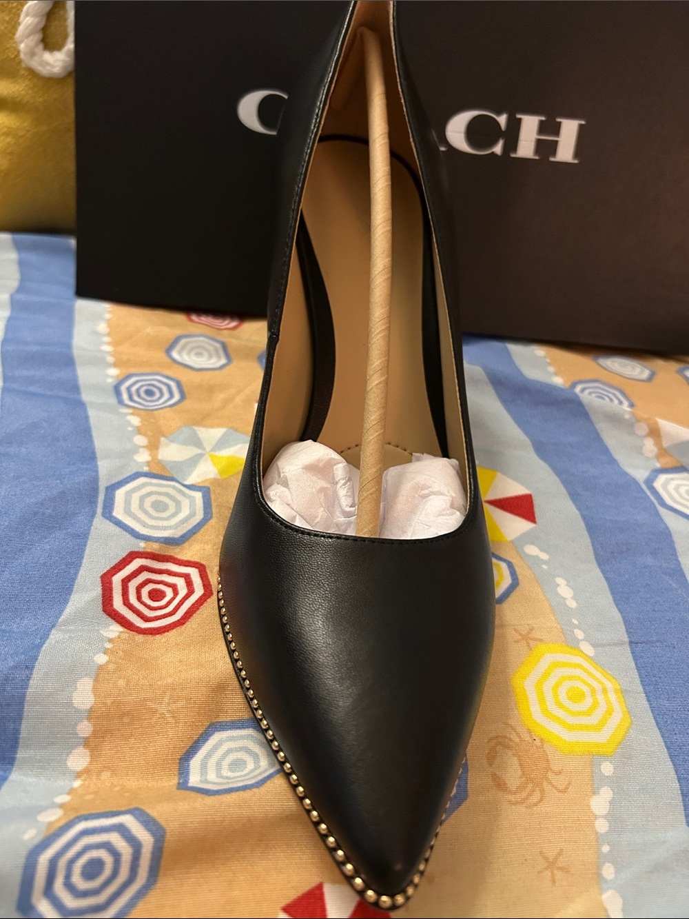 COACH Black Leather Pointed Toe Stiletto Pumps with Stud Trim - Picture 7 of 7